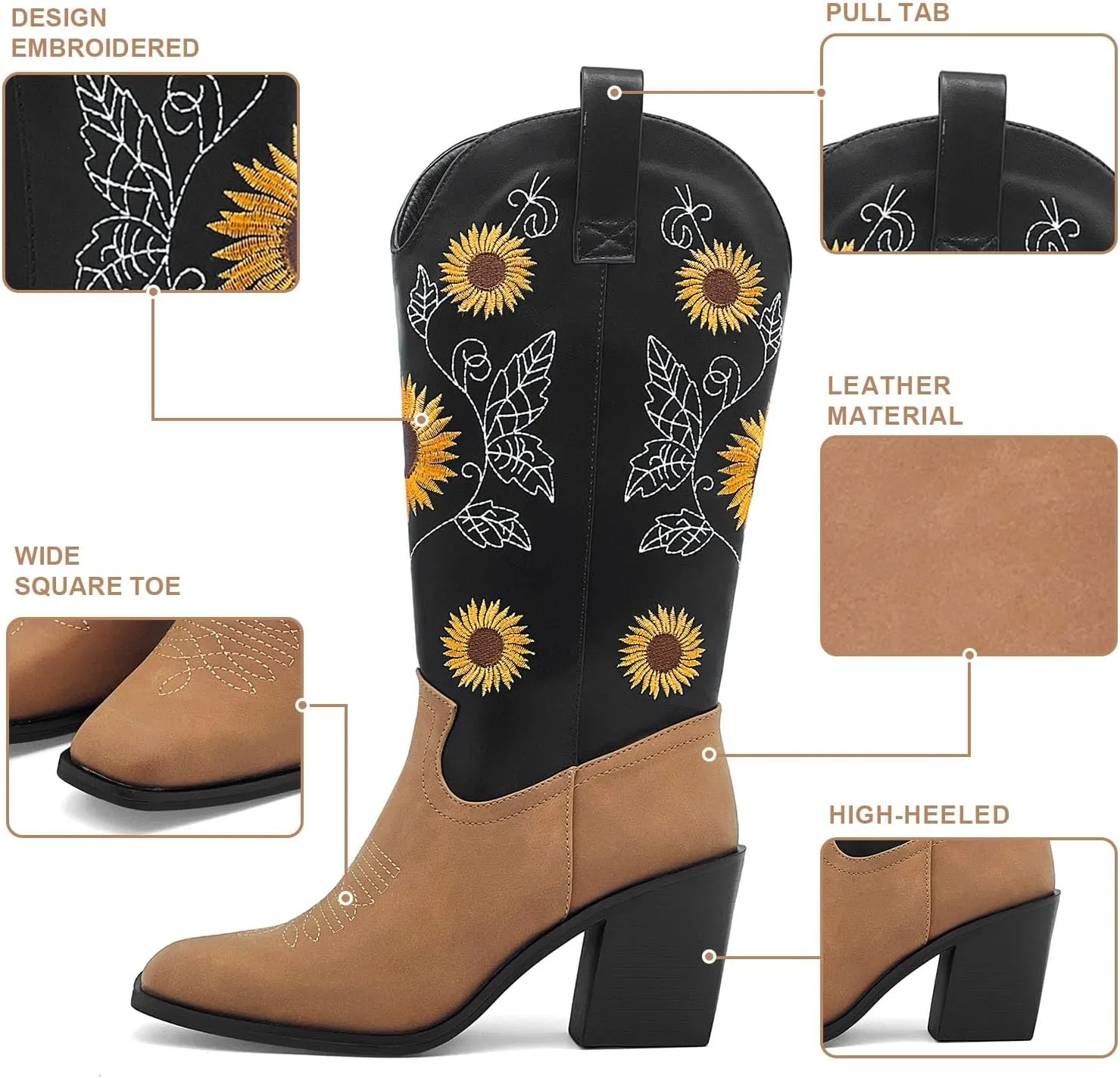 Women's Western Cowboy Boots Mid Calf Cowgirl Boots Chunky Heel Zipper Square Toe Embroidered Sunflower Fashion Boots