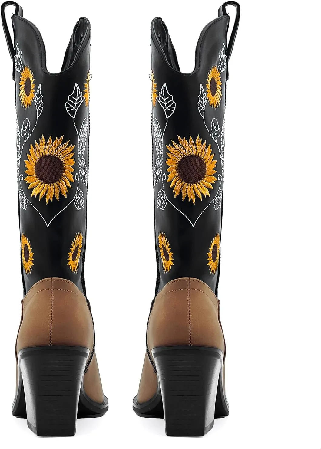 Women's Western Cowboy Boots Mid Calf Cowgirl Boots Chunky Heel Zipper Square Toe Embroidered Sunflower Fashion Boots