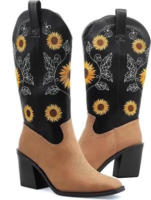 Women's Western Cowboy Boots Mid Calf Cowgirl Boots Chunky Heel Zipper Square Toe Embroidered Sunflower Fashion Boots
