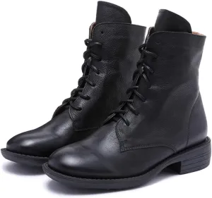 Womens Winter Boots,Casual Walking Hiking Leather Boots Outdoor Fur Lined Lace-ups Boots Shoes,Black-35/UK 2/US 4