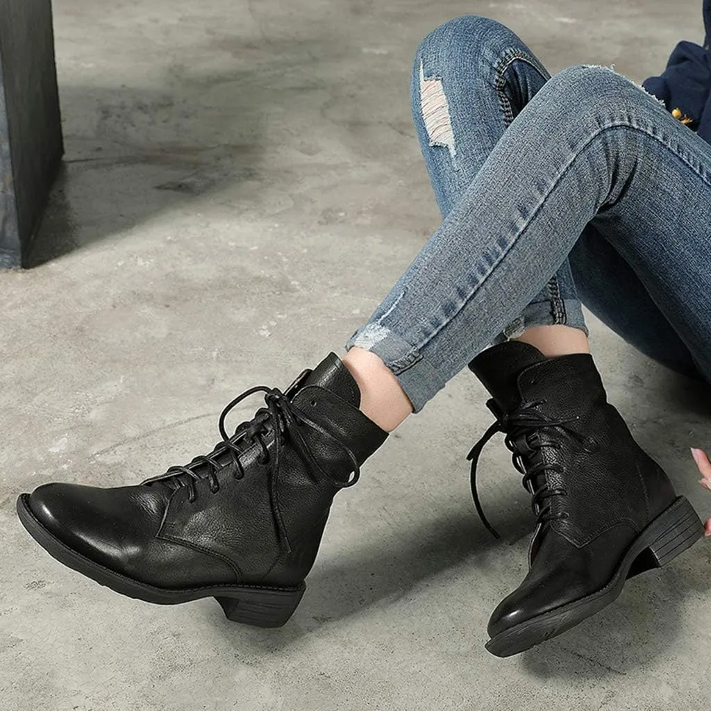 Womens Winter Boots,Casual Walking Hiking Leather Boots Outdoor Fur Lined Lace-ups Boots Shoes,Black-35/UK 2/US 4