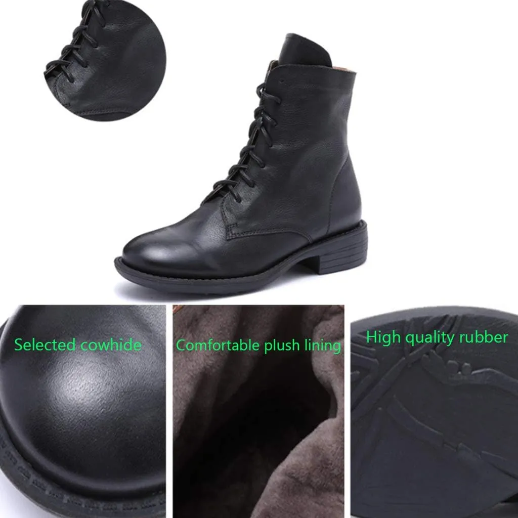 Womens Winter Boots,Casual Walking Hiking Leather Boots Outdoor Fur Lined Lace-ups Boots Shoes,Black-35/UK 2/US 4