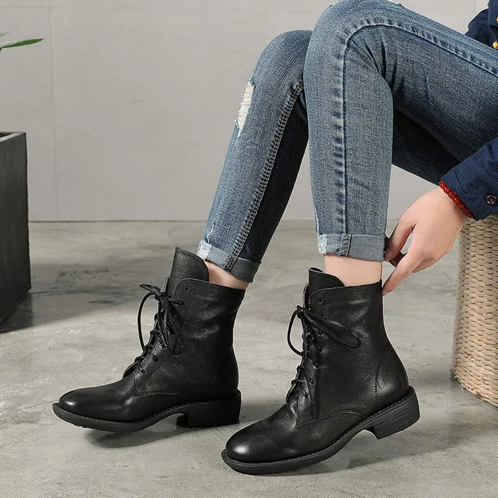 Womens Winter Boots,Casual Walking Hiking Leather Boots Outdoor Fur Lined Lace-ups Boots Shoes,Black-35/UK 2/US 4