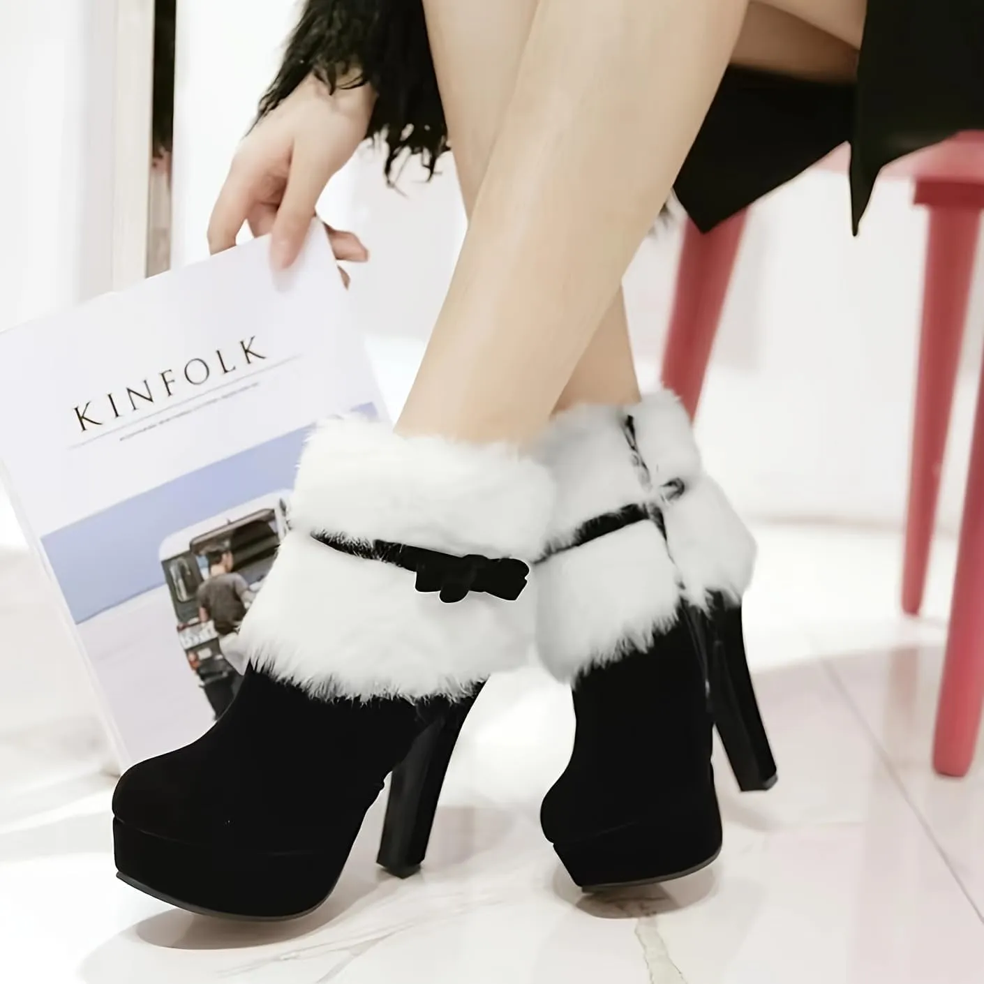 Women's winter fur Christmas ankle boots, women's bow tie short boots suede leather high heels side zipper snow boots