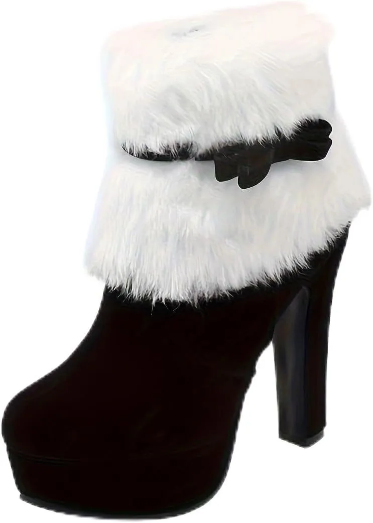 Women's winter fur Christmas ankle boots, women's bow tie short boots suede leather high heels side zipper snow boots