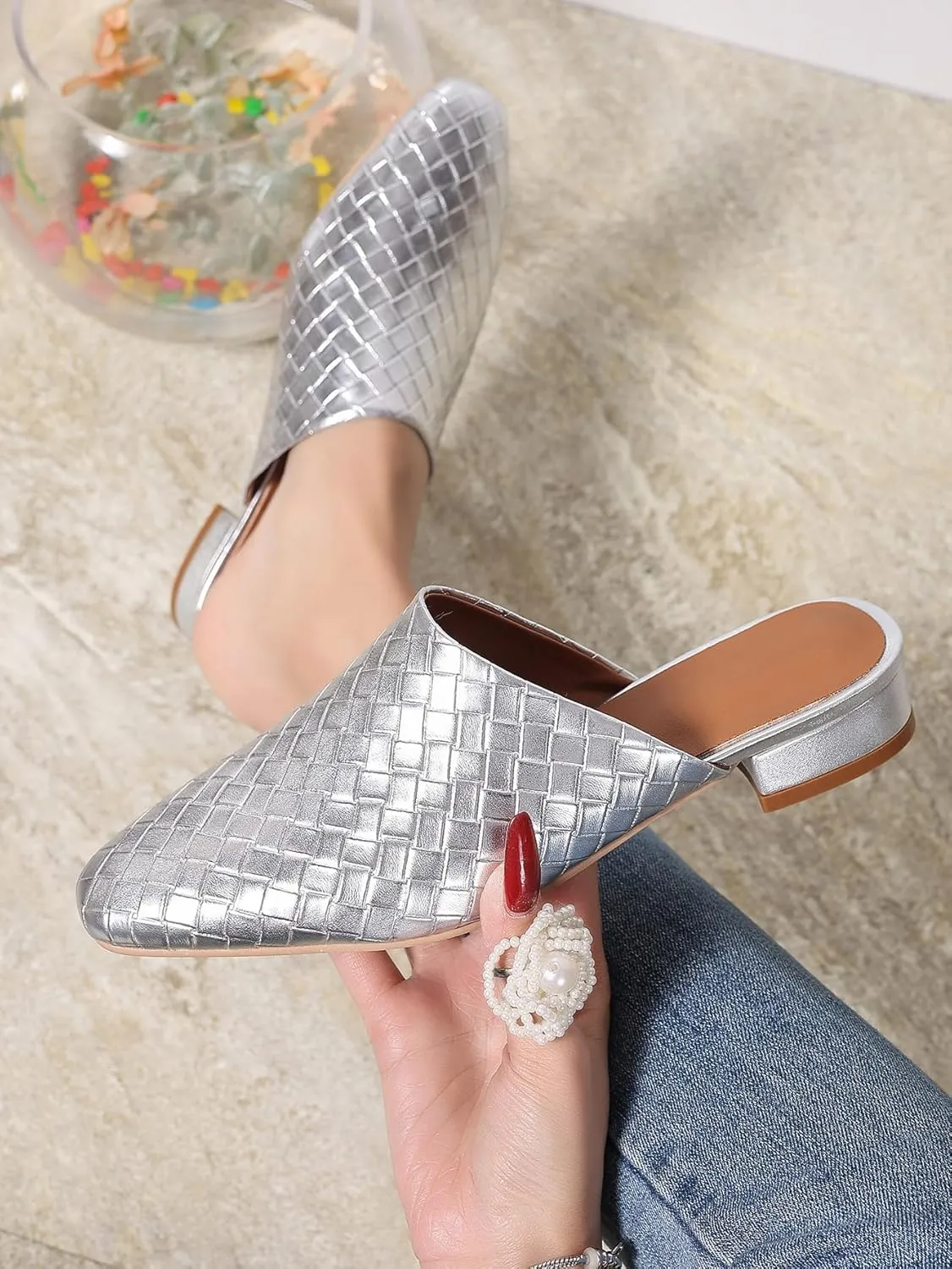 Women's Woven Mules Ladies Trendy Low Heel Slip-On Shoes Comfortable Summer Casual Slides for Women