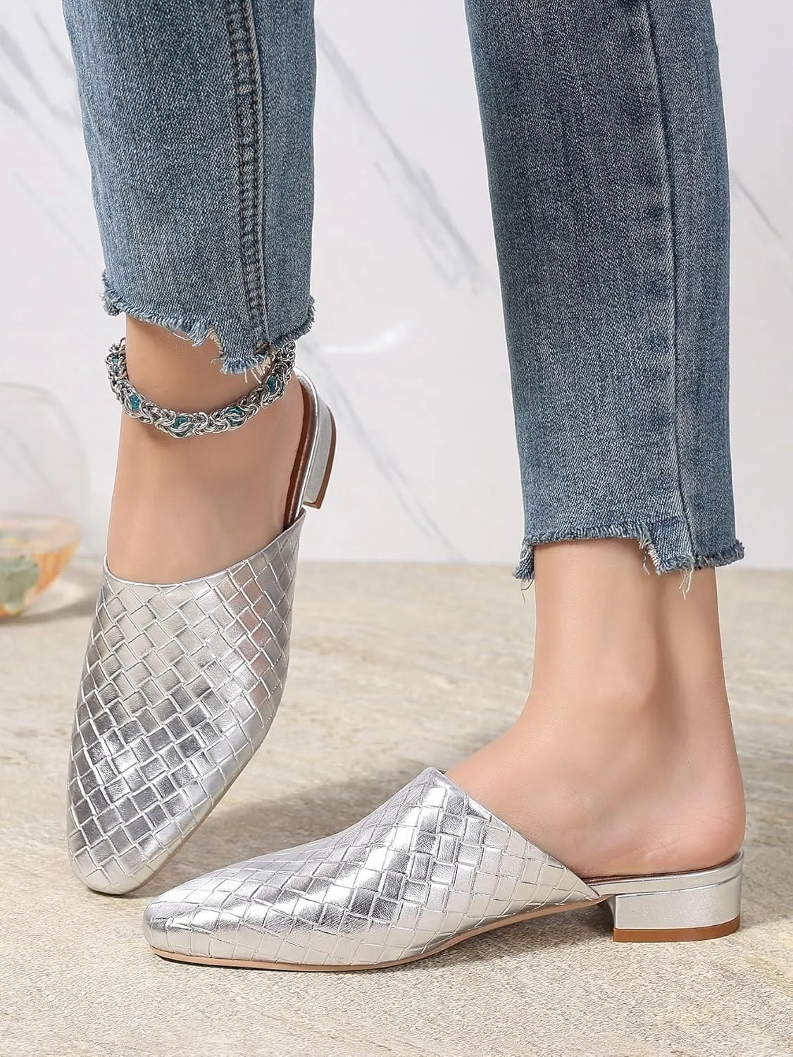 Women's Woven Mules Ladies Trendy Low Heel Slip-On Shoes Comfortable Summer Casual Slides for Women