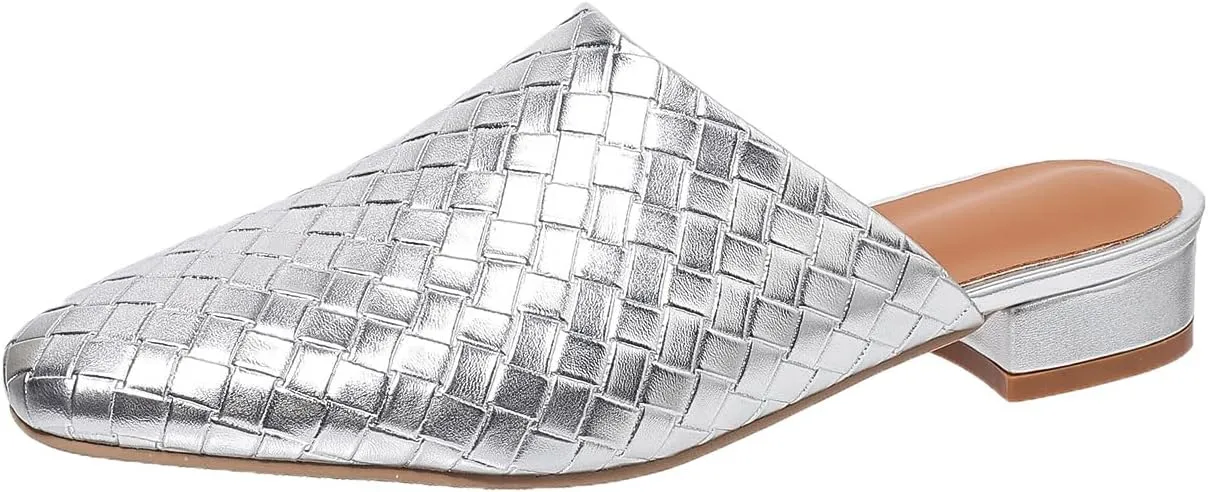 Women's Woven Mules Ladies Trendy Low Heel Slip-On Shoes Comfortable Summer Casual Slides for Women