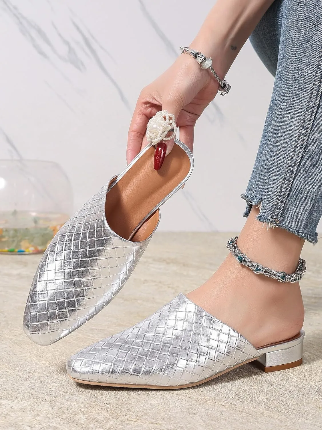 Women's Woven Mules Ladies Trendy Low Heel Slip-On Shoes Comfortable Summer Casual Slides for Women
