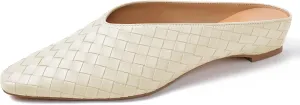 Woven Mules for Women Metallic Leather Slides Ladies Trendy Comfortable Square Toe Hidden Wedge Heels