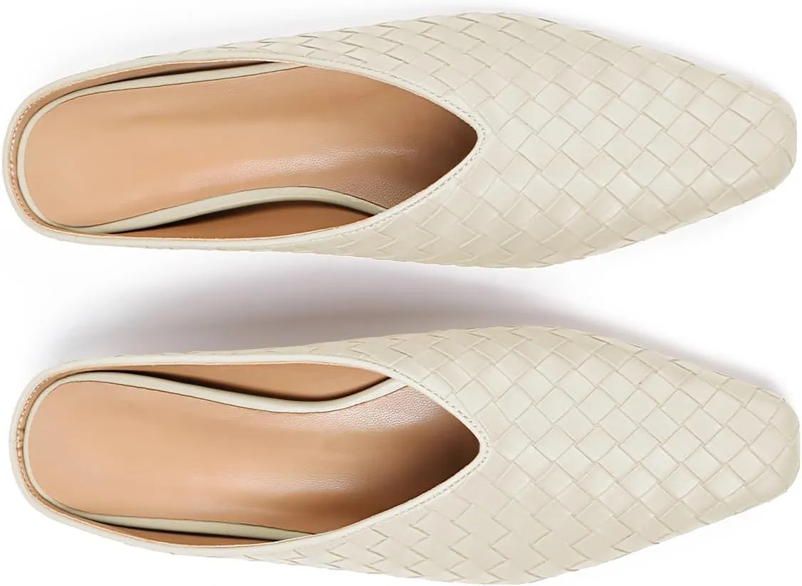 Woven Mules for Women Metallic Leather Slides Ladies Trendy Comfortable Square Toe Hidden Wedge Heels