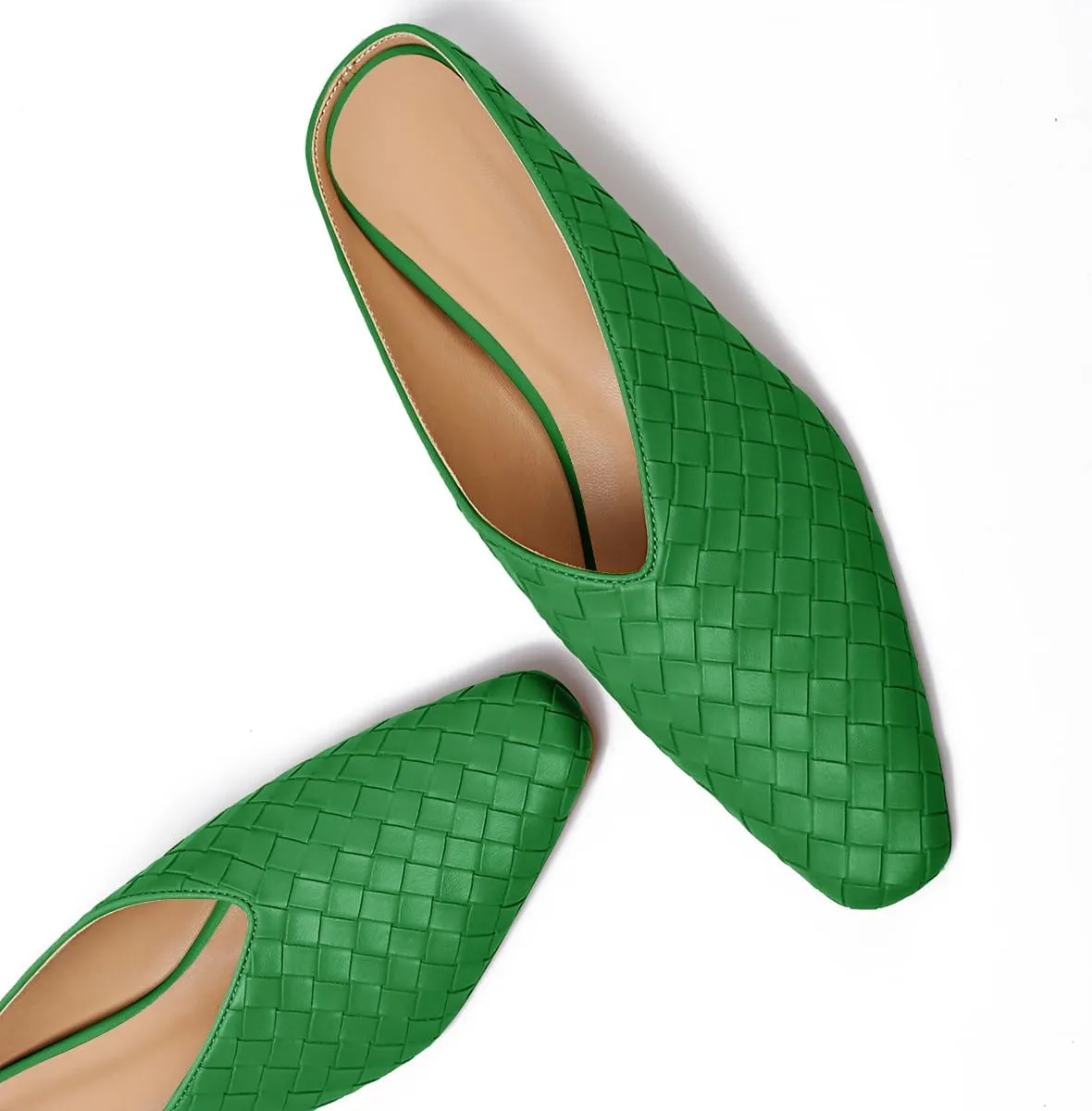 Woven Mules for Women Metallic Leather Slides Ladies Trendy Comfortable Square Toe Hidden Wedge Heels