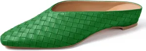 Woven Mules for Women Metallic Leather Slides Ladies Trendy Comfortable Square Toe Hidden Wedge Heels