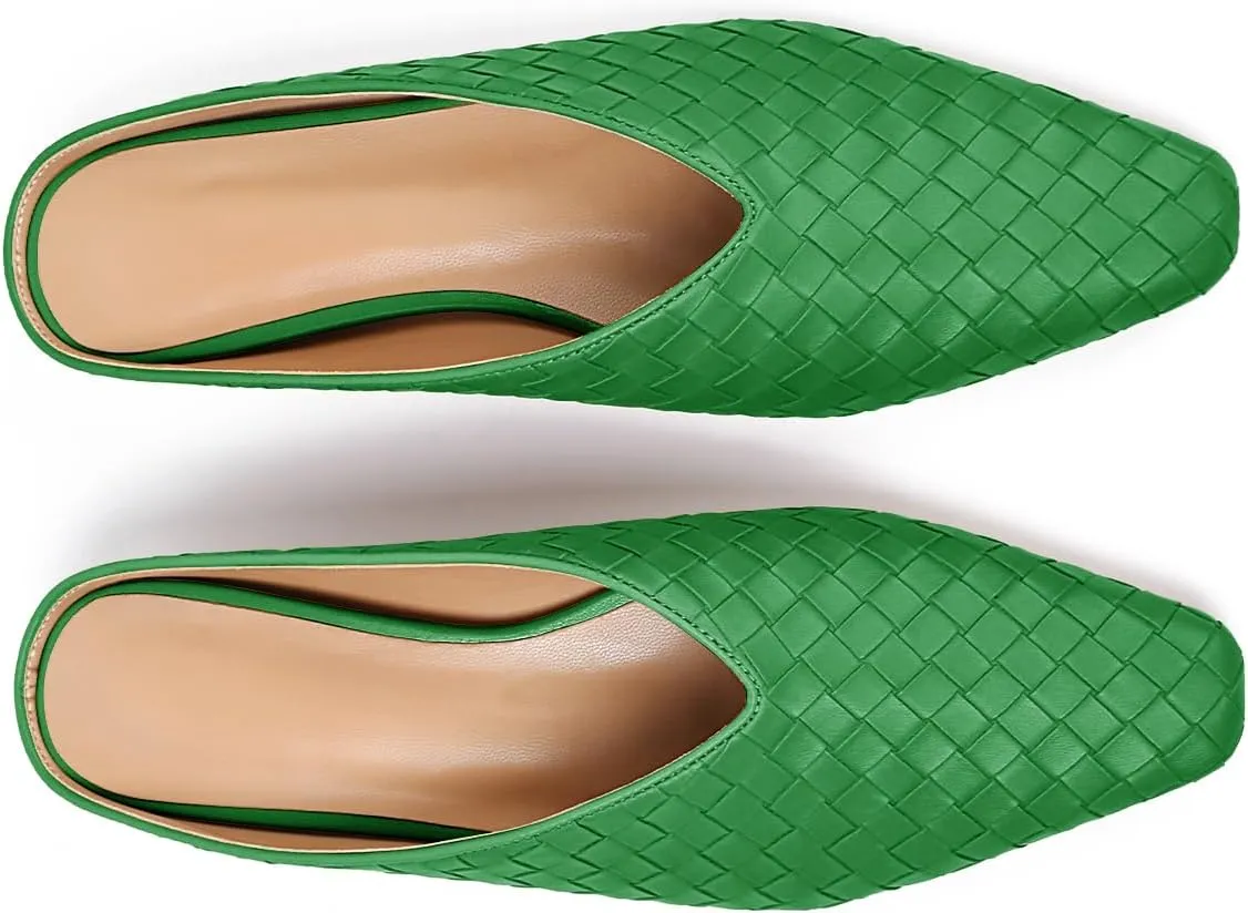 Woven Mules for Women Metallic Leather Slides Ladies Trendy Comfortable Square Toe Hidden Wedge Heels