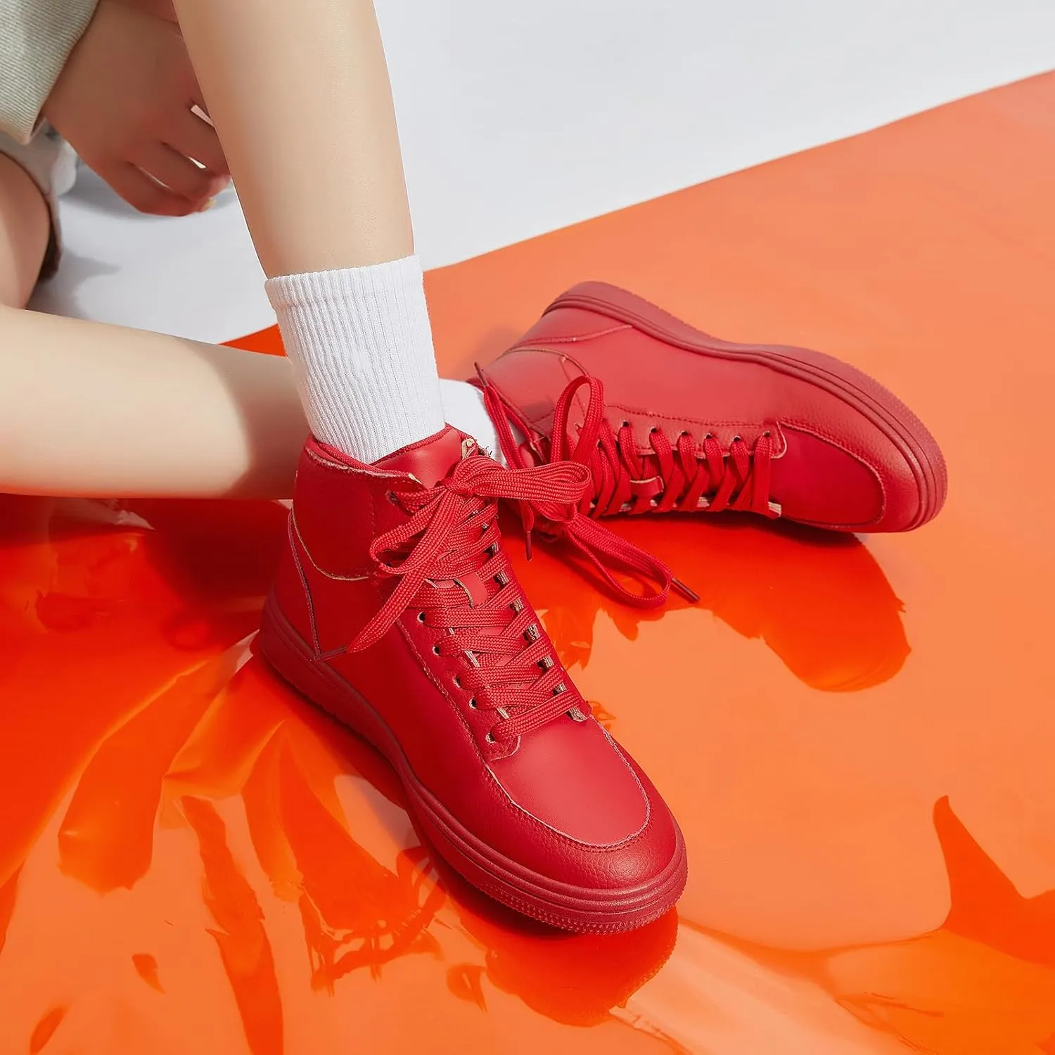 XRH Womens High Top Sneakers PU Leather Running Shoes Non Slip Walking Athletic Tennis Shoes for Women Ankle Boots