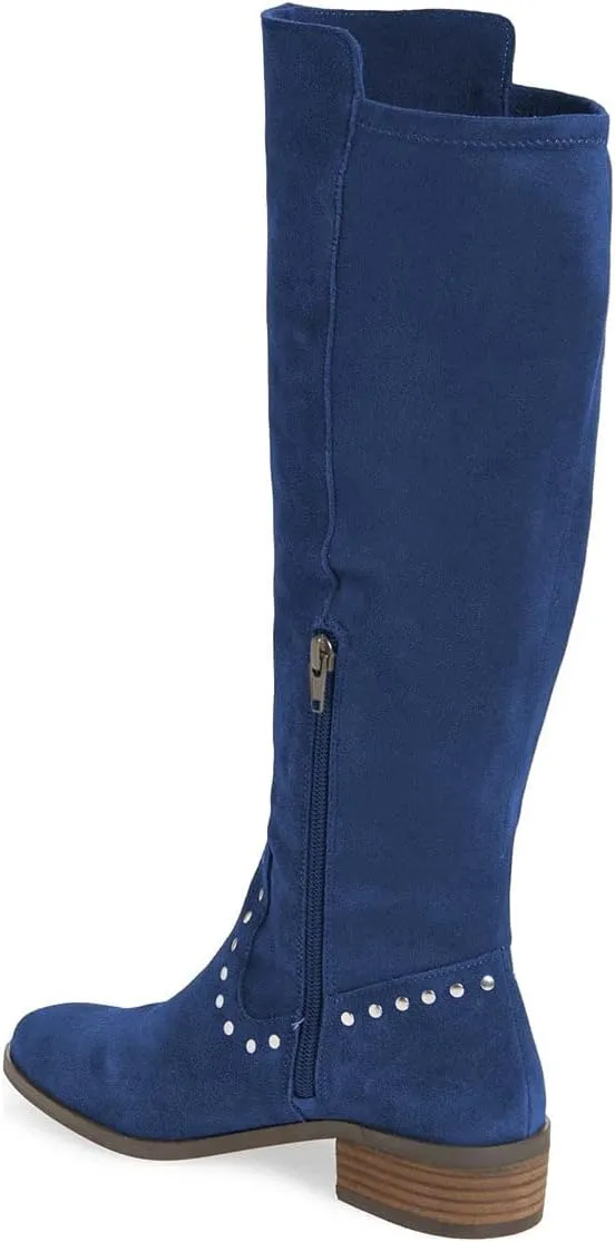 XYD Knee High Boots Rivets Studded Mid Chunky Block Heels Side Zip Round Toe Comfy Warm Trendy Shoes for Women
