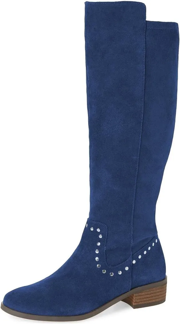 XYD Knee High Boots Rivets Studded Mid Chunky Block Heels Side Zip Round Toe Comfy Warm Trendy Shoes for Women