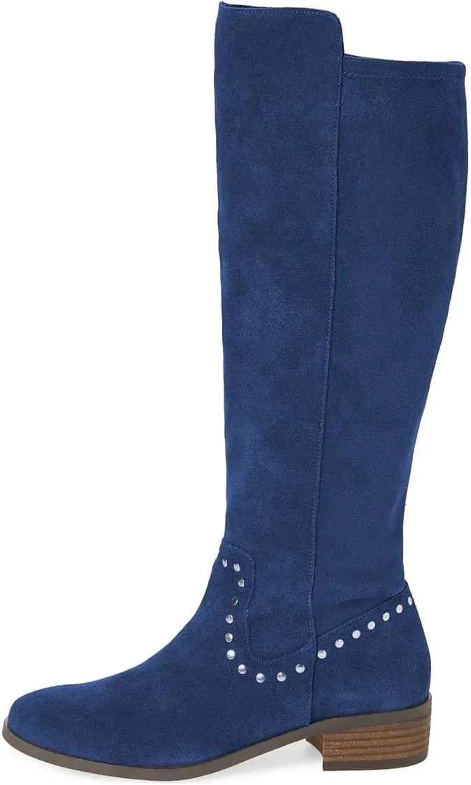 XYD Knee High Boots Rivets Studded Mid Chunky Block Heels Side Zip Round Toe Comfy Warm Trendy Shoes for Women