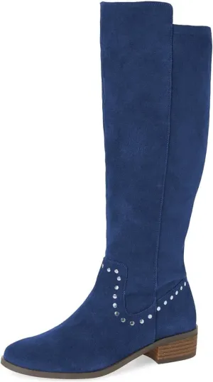 XYD Knee High Boots Rivets Studded Mid Chunky Block Heels Side Zip Round Toe Comfy Warm Trendy Shoes for Women