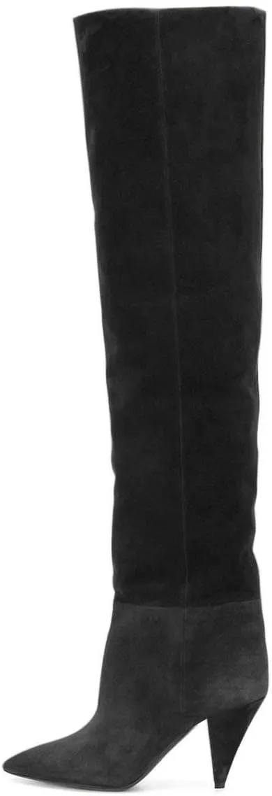 XYD Sassy Cone Mid Heels Thigh High Boots for Women Over The Knee Stretchy Pointed Toe Stylish Baggy Winter Warm Dress Long Booties Shoes