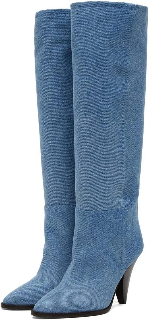 XYD Sassy Cone Mid Heels Thigh High Boots for Women Over The Knee Stretchy Pointed Toe Stylish Baggy Winter Warm Dress Long Booties Shoes