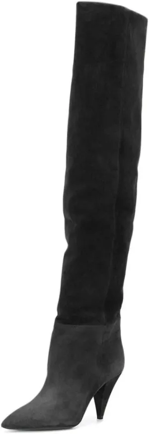 XYD Sassy Cone Mid Heels Thigh High Boots for Women Over The Knee Stretchy Pointed Toe Stylish Baggy Winter Warm Dress Long Booties Shoes