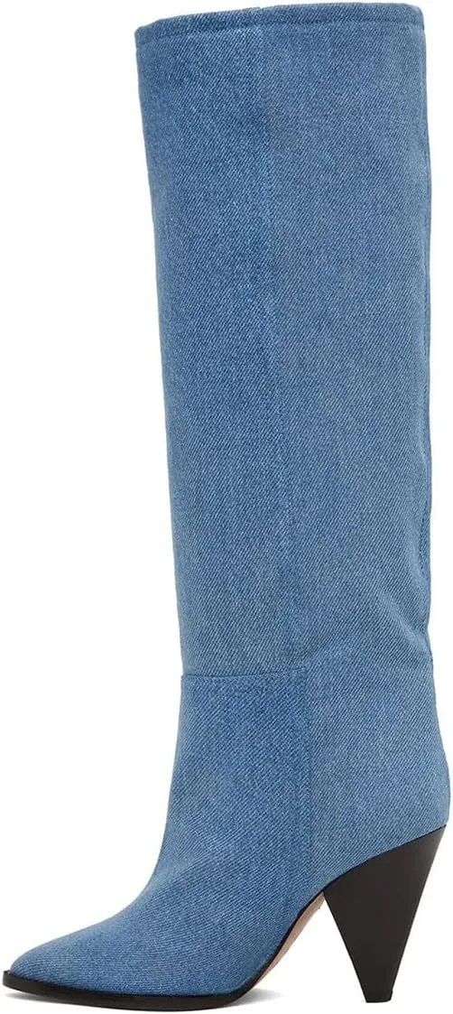 XYD Sassy Cone Mid Heels Thigh High Boots for Women Over The Knee Stretchy Pointed Toe Stylish Baggy Winter Warm Dress Long Booties Shoes