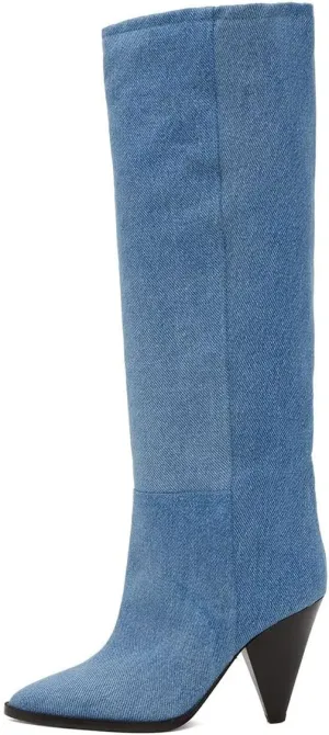 XYD Sassy Cone Mid Heels Thigh High Boots for Women Over The Knee Stretchy Pointed Toe Stylish Baggy Winter Warm Dress Long Booties Shoes