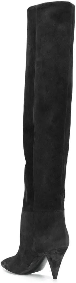 XYD Sassy Cone Mid Heels Thigh High Boots for Women Over The Knee Stretchy Pointed Toe Stylish Baggy Winter Warm Dress Long Booties Shoes