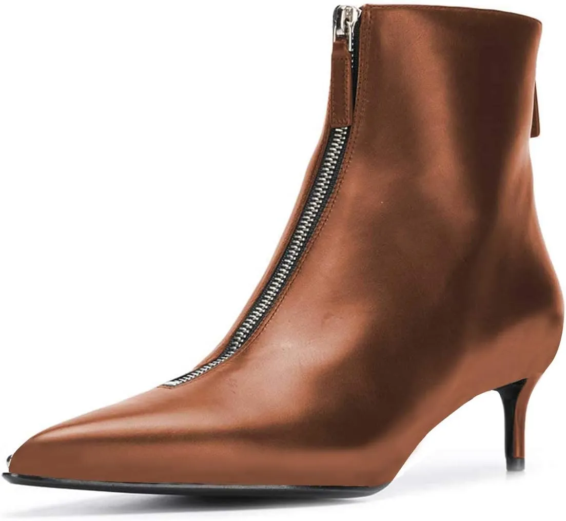 XYD Women Chic Kitten Heel Ankle Boots Dual Zip-up Pointed Closed Toe Low Heel Short Booties Comfy Dress Shoes