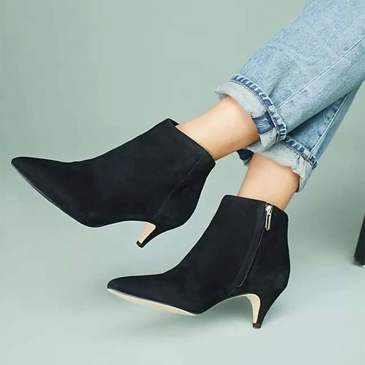 XYD Women Chic Low Kitten Heel Ankle Boots Pointed Closed Toe Side Zipper Prom Glitter Party Fashion Short Bootie Shoes