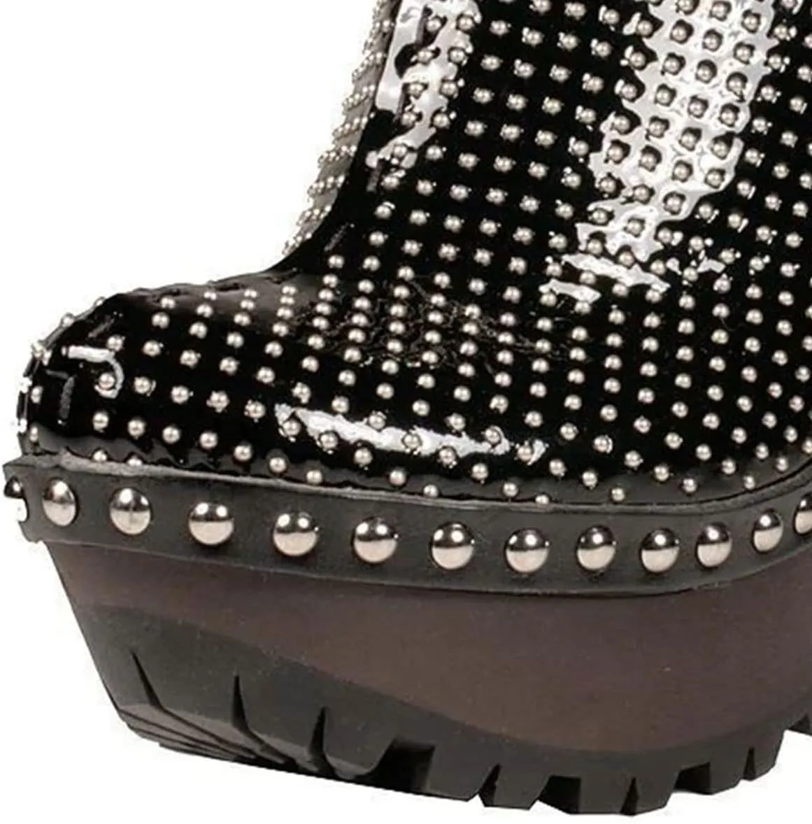 XYD Women Cork Platform High Heel Studded Mules Chunky Block Glossy Pumps Chic Studs Closed Round Toe Slides Fashion Nightclub Shoes