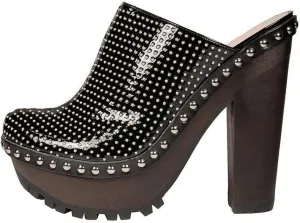 XYD Women Cork Platform High Heel Studded Mules Chunky Block Glossy Pumps Chic Studs Closed Round Toe Slides Fashion Nightclub Shoes