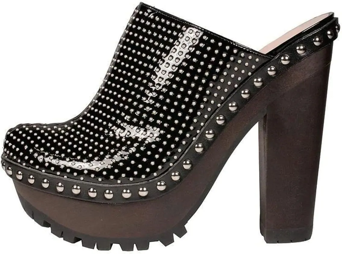 XYD Women Cork Platform High Heel Studded Mules Chunky Block Glossy Pumps Chic Studs Closed Round Toe Slides Fashion Nightclub Shoes
