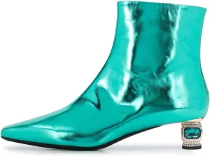 XYD Women Gorgeous Low Chunky Crystal Gem Heel Ankle Boots Closed Square Toe Short Bootie Side Zip Party Ballroom Dress Shoes