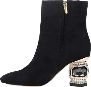 XYD Women Gorgeous Low Chunky Crystal Gem Heel Ankle Boots Closed Square Toe Short Bootie Side Zip Party Ballroom Dress Shoes