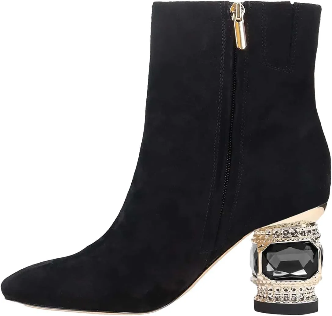 XYD Women Gorgeous Low Chunky Crystal Gem Heel Ankle Boots Closed Square Toe Short Bootie Side Zip Party Ballroom Dress Shoes