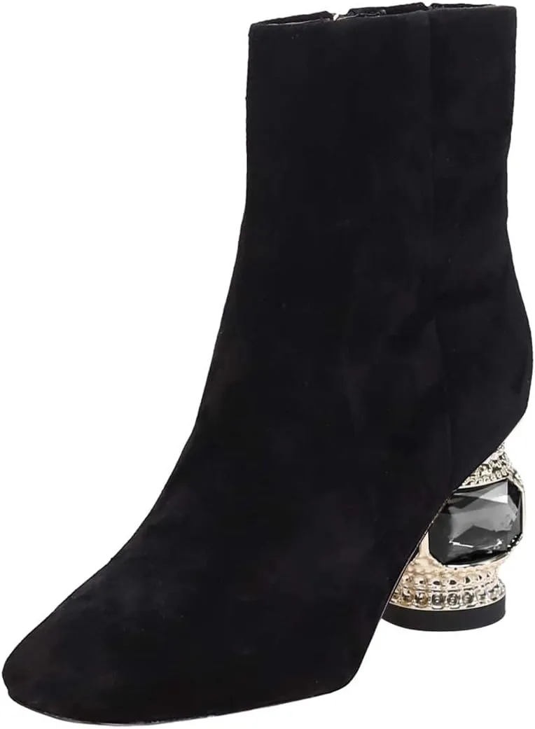 XYD Women Gorgeous Low Chunky Crystal Gem Heel Ankle Boots Closed Square Toe Short Bootie Side Zip Party Ballroom Dress Shoes