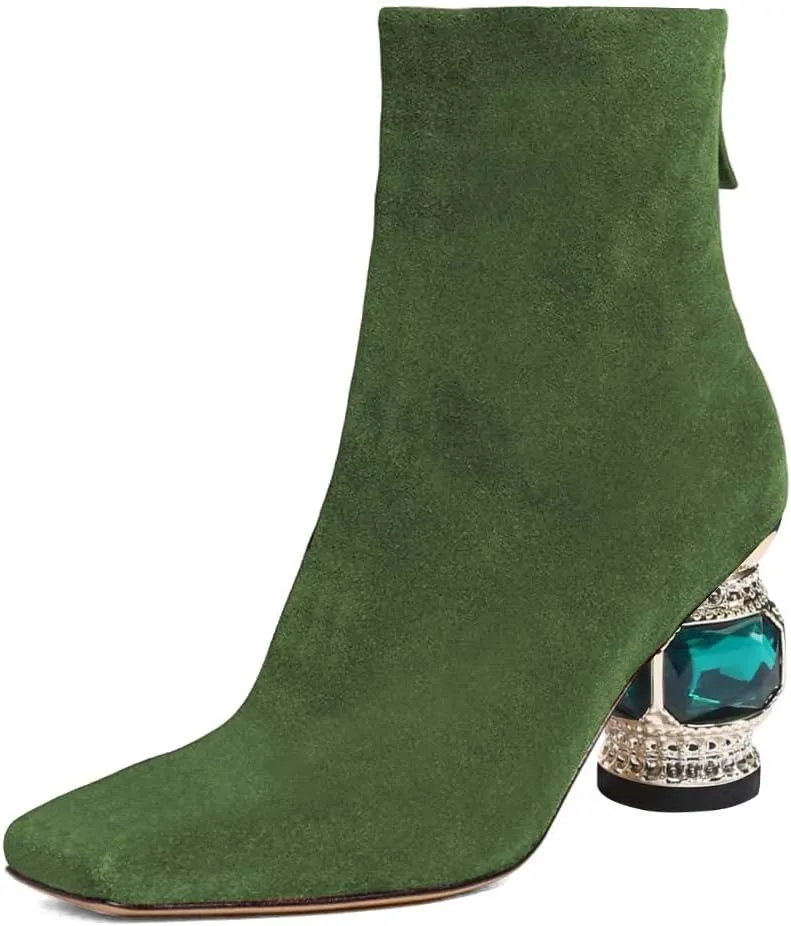 XYD Women Gorgeous Mid Low Chunky Crystal Gem Heel Ankle Boots Closed Square Toe Short Bootie Back Zipper Party Ballroom Dancing Dressy Shoes