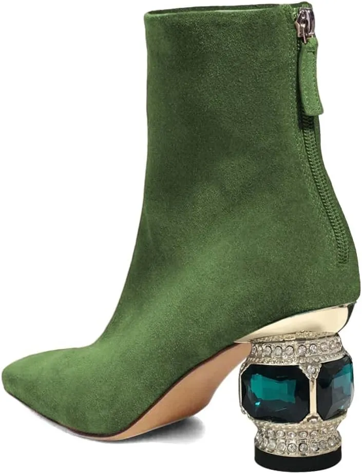XYD Women Gorgeous Mid Low Chunky Crystal Gem Heel Ankle Boots Closed Square Toe Short Bootie Back Zipper Party Ballroom Dancing Dressy Shoes