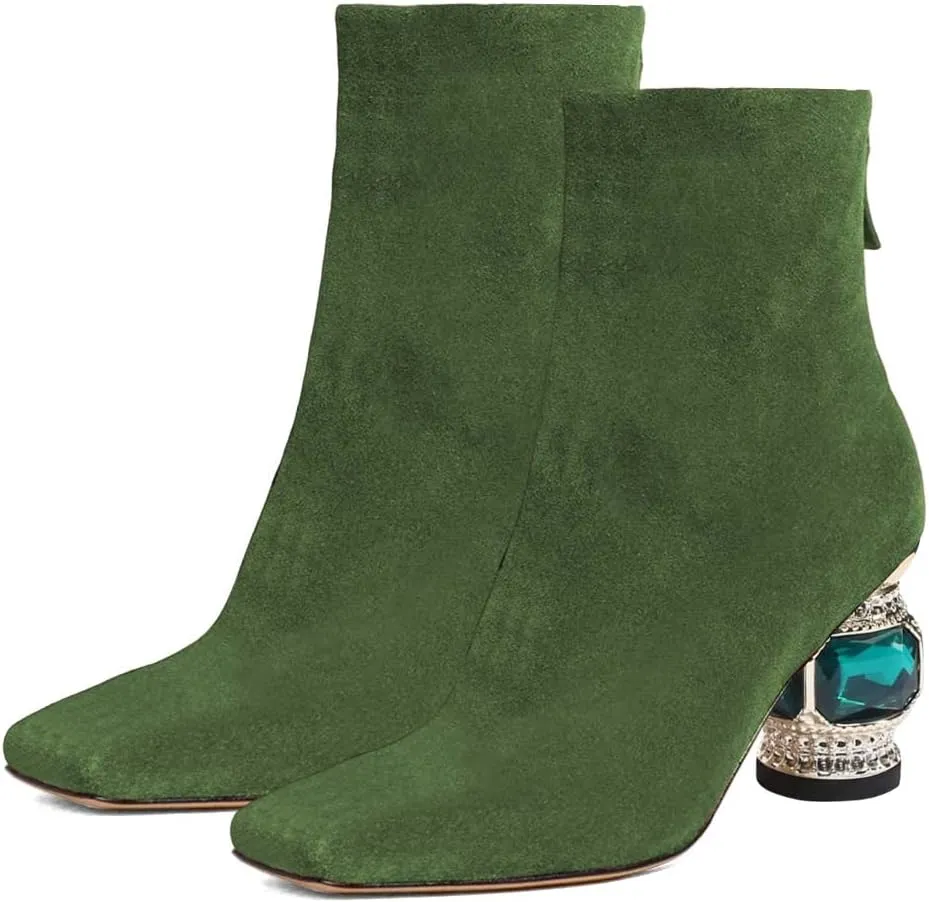XYD Women Gorgeous Mid Low Chunky Crystal Gem Heel Ankle Boots Closed Square Toe Short Bootie Back Zipper Party Ballroom Dancing Dressy Shoes