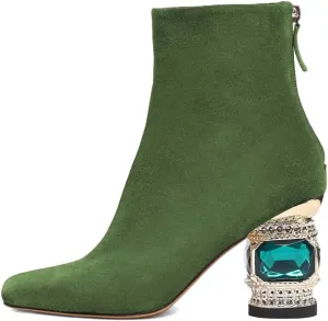 XYD Women Gorgeous Mid Low Chunky Crystal Gem Heel Ankle Boots Closed Square Toe Short Bootie Back Zipper Party Ballroom Dancing Dressy Shoes