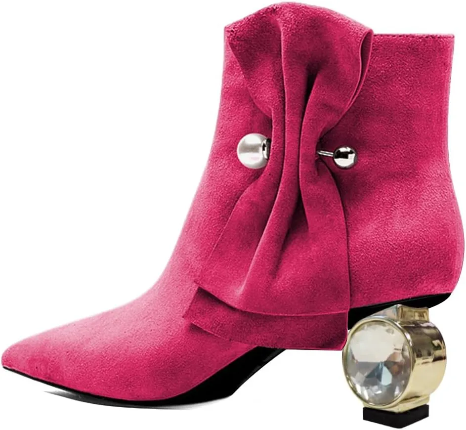 XYD Women Low Heel Ankle Boots Pointed Toe Pearl Side Bowknot Crystal Chunky Low Heels Inner Zip Booties Event Shoes
