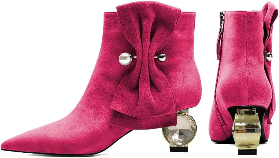XYD Women Low Heel Ankle Boots Pointed Toe Pearl Side Bowknot Crystal Chunky Low Heels Inner Zip Booties Event Shoes