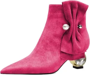 XYD Women Low Heel Ankle Boots Pointed Toe Pearl Side Bowknot Crystal Chunky Low Heels Inner Zip Booties Event Shoes
