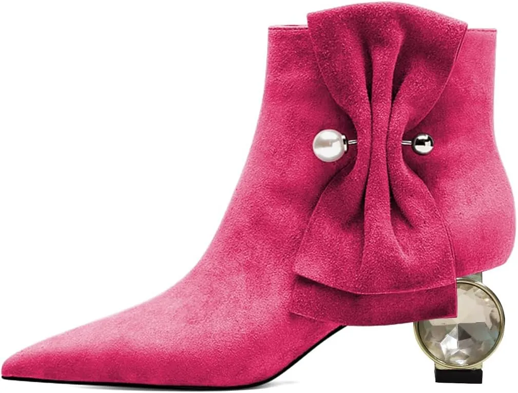 XYD Women Low Heel Ankle Boots Pointed Toe Pearl Side Bowknot Crystal Chunky Low Heels Inner Zip Booties Event Shoes