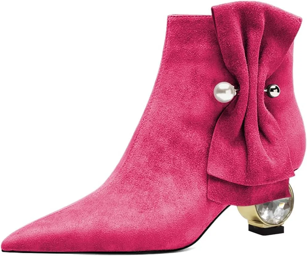 XYD Women Low Heel Ankle Boots Pointed Toe Pearl Side Bowknot Crystal Chunky Low Heels Inner Zip Booties Event Shoes