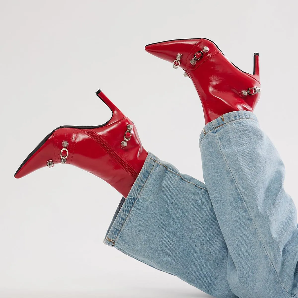 XYD Women Mid Heel Ankle Boots Chic Studded Buckle Pointed Closed Toe Side Zip Booties Shoes for Autumn Winter Dress