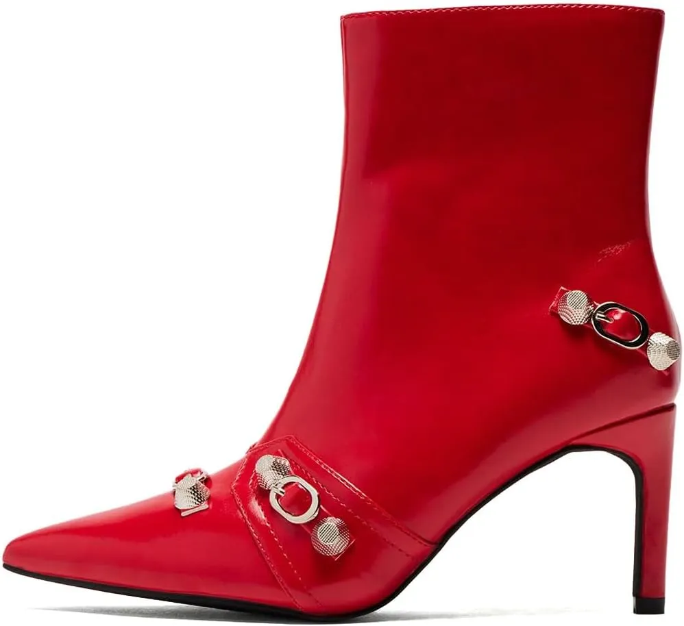 XYD Women Mid Heel Ankle Boots Chic Studded Buckle Pointed Closed Toe Side Zip Booties Shoes for Autumn Winter Dress