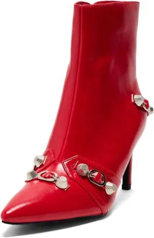 XYD Women Mid Heel Ankle Boots Chic Studded Buckle Pointed Closed Toe Side Zip Booties Shoes for Autumn Winter Dress